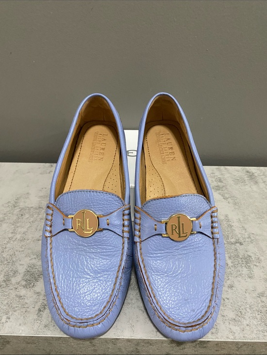 Ralph Lauren Shoes - Ralph Lauren Carley Liight Blue Pebbled Leather Loafers with Gold RL Medallion